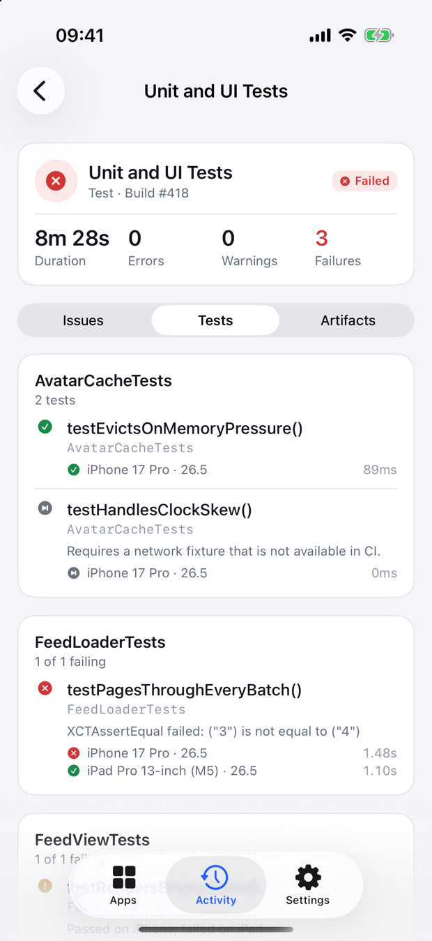 A build action detail screen listing its issues, test results and artifacts.