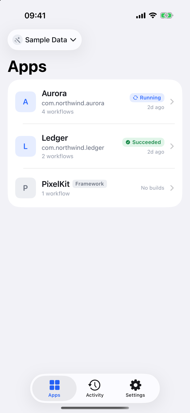The Apps screen listing Aurora, Ledger and PixelKit with their latest build status.