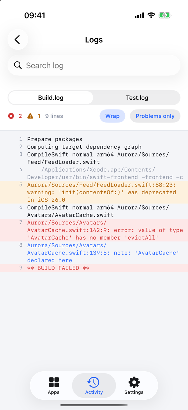 The log viewer showing monospaced build log lines with a search field.