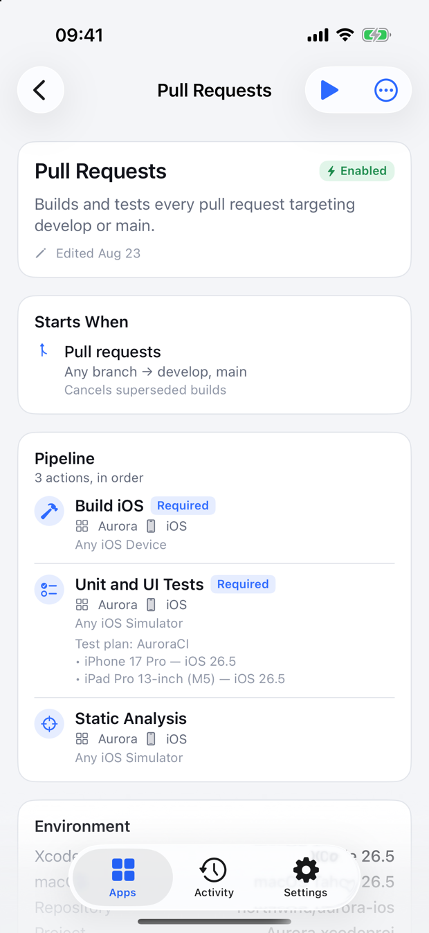 A workflow detail screen showing its actions, start conditions and recent build runs.