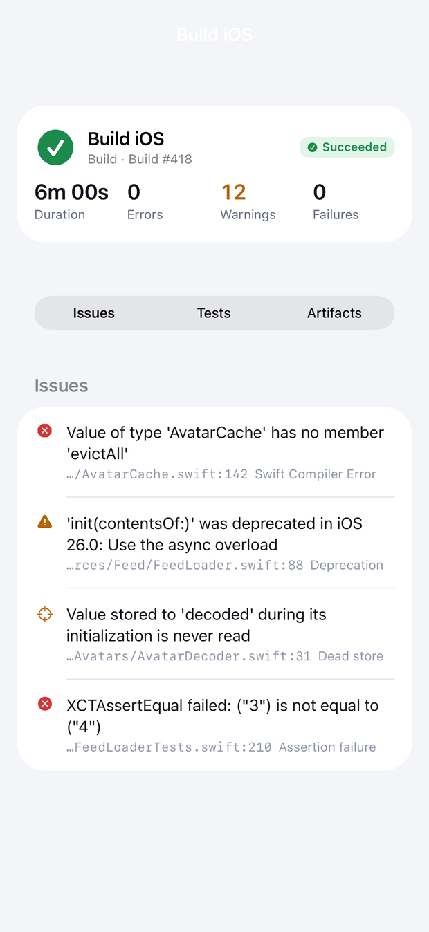 A build action's issues: errors and warnings, each with the file and line it came from.