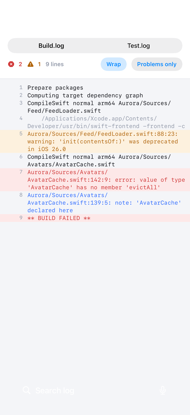 The log viewer, showing monospaced build log lines with the failing ones highlighted.