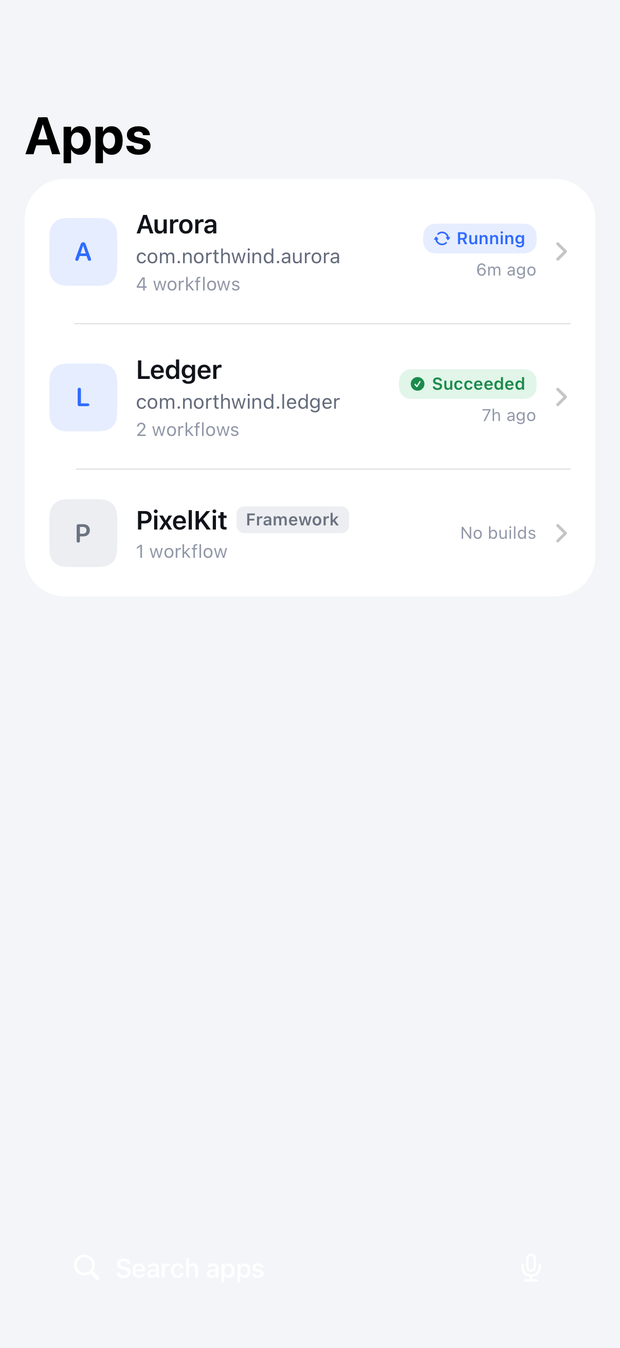 The Apps screen listing Aurora, Ledger and PixelKit with the status of each one's latest build.