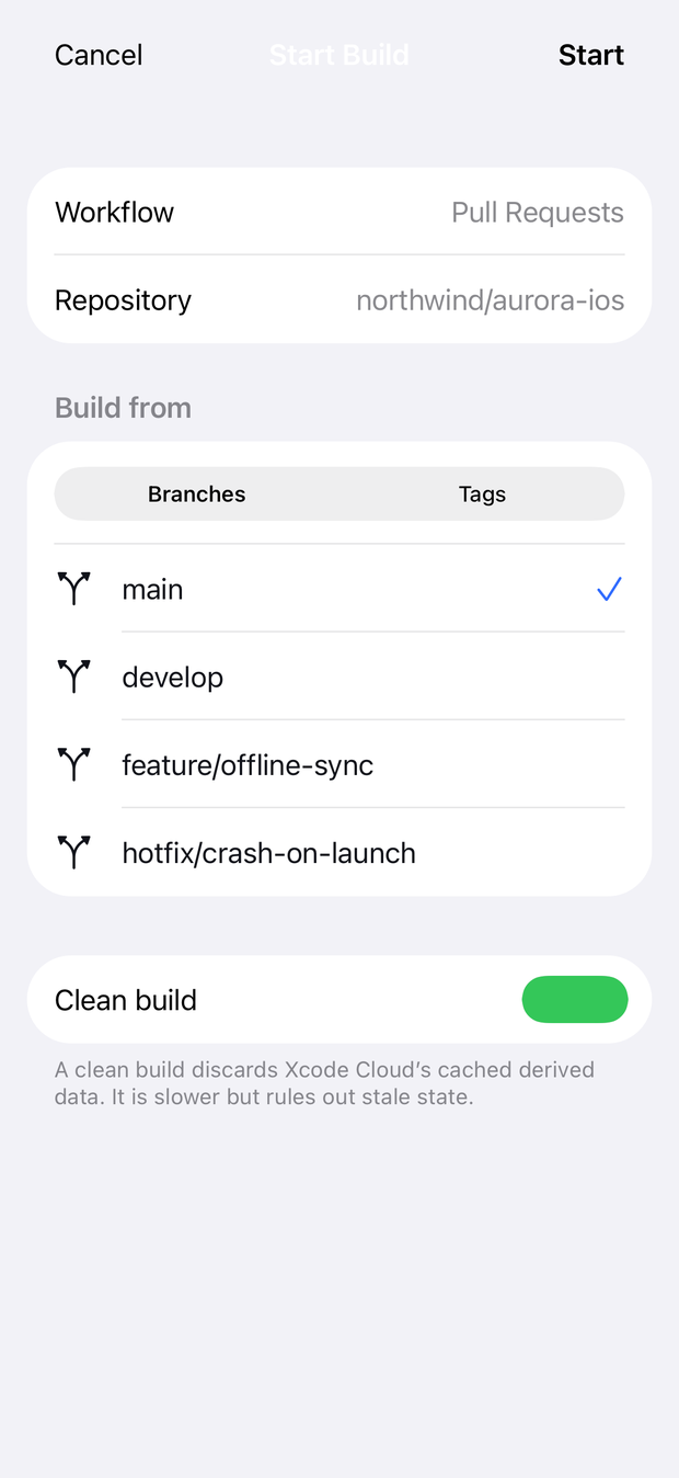 The Start Build sheet: a workflow, and a branch or tag to build it from.