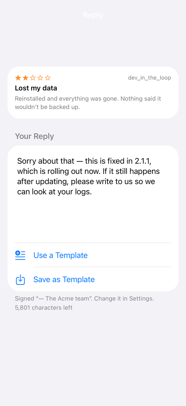 The reply sheet, with the review above and the reply being written below it.