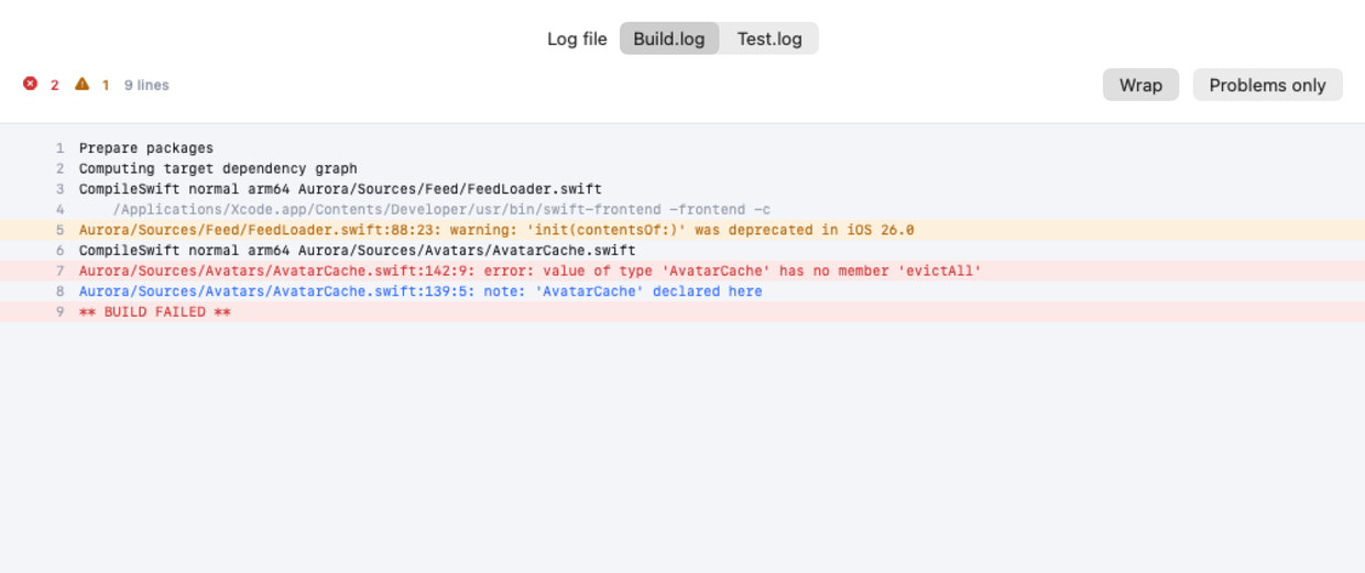 App CI on the Mac: the log viewer, with errors and warnings picked out in colour and a Problems only filter.