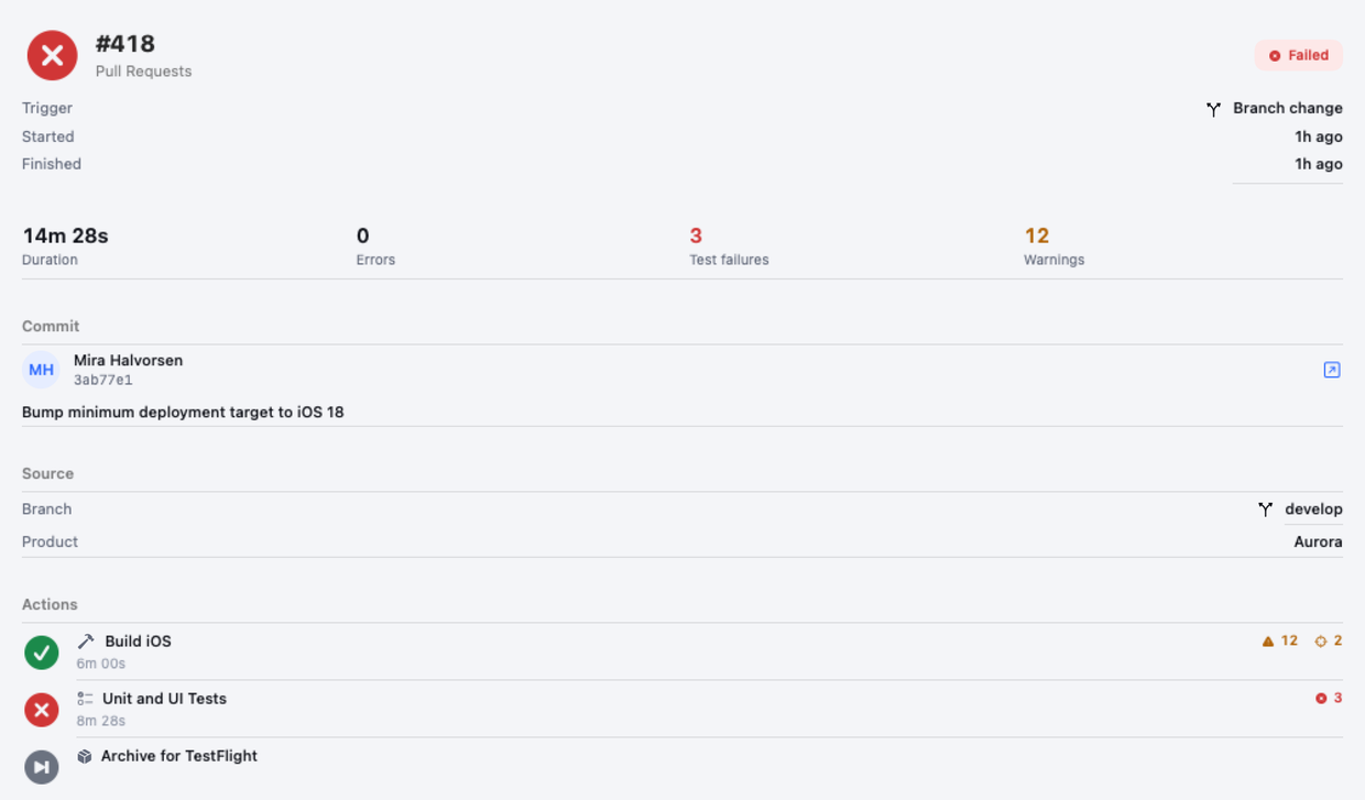 App CI on the Mac: a build run's summary, commit, source and actions laid out across the window.