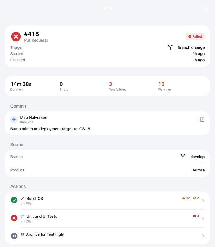App CI on iPad: the same build run in stacked cards, sized for the iPad's width.